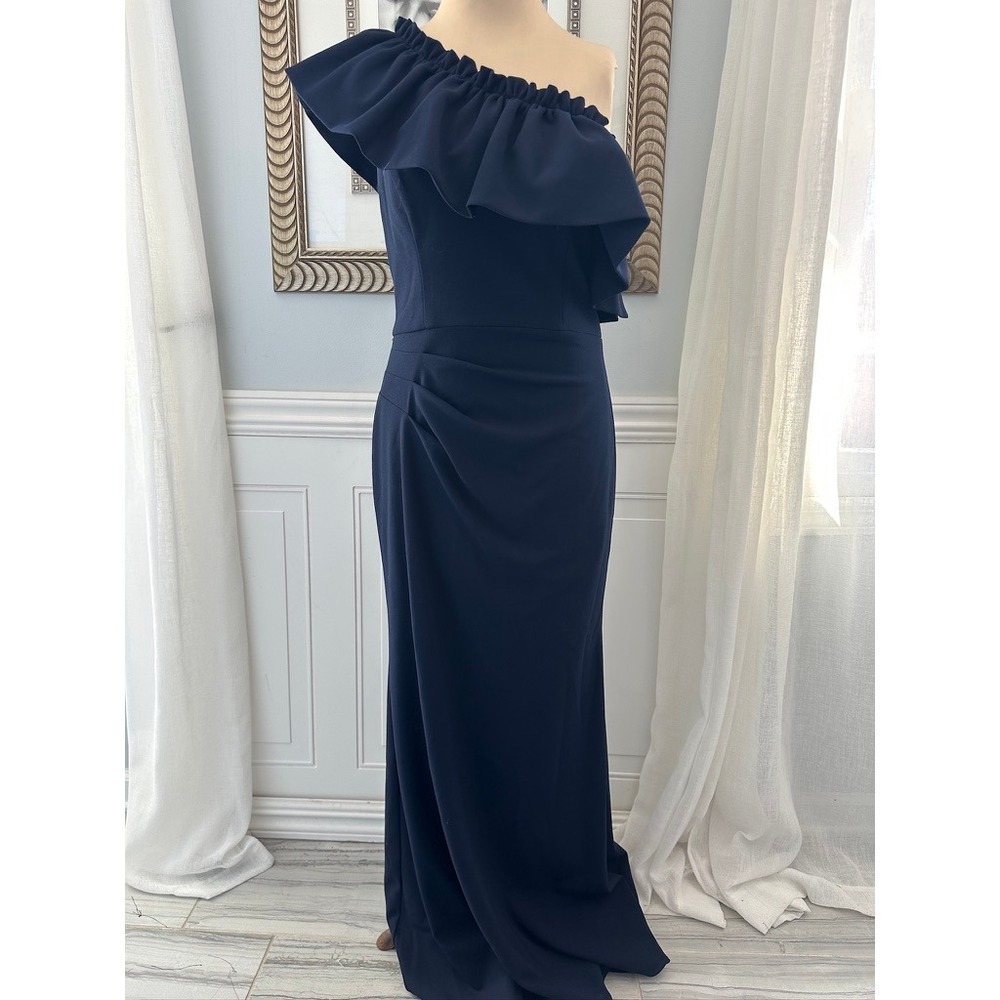 Betsy & Adam‎ Formal One Shoulder Ruffle Crepe Navy Blue Gala Gown Size 10
